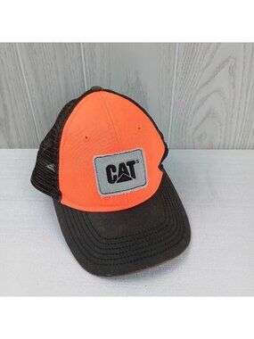 Caterpillar CAT Blaze Hunter Safety Orange Trucker Waxy Mesh Cap w/Frayed Patch